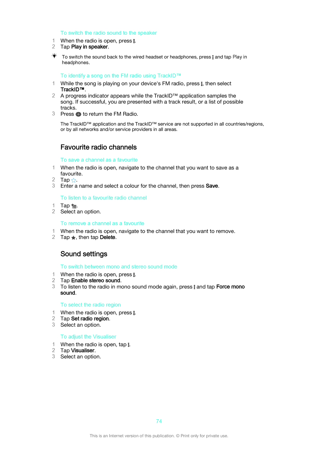 Sony C6603/C6602 manual Favourite radio channels, Sound settings 