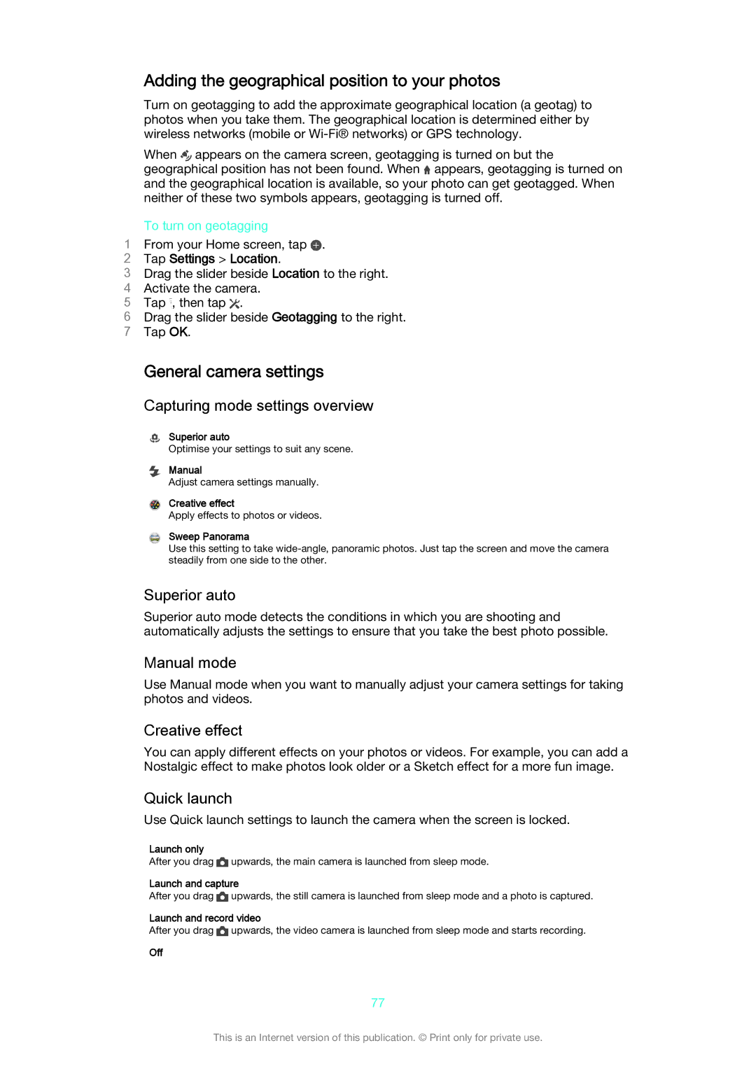 Sony C6603/C6602 manual Adding the geographical position to your photos, General camera settings 