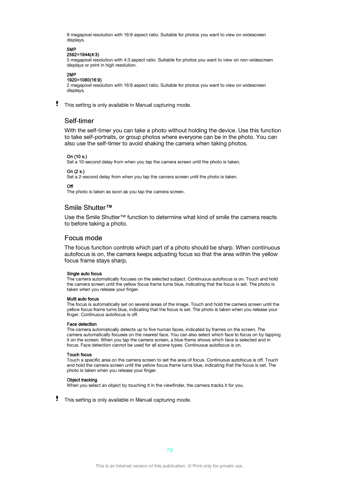 Sony C6603/C6602 manual Self-timer, Smile Shutter, Focus mode 