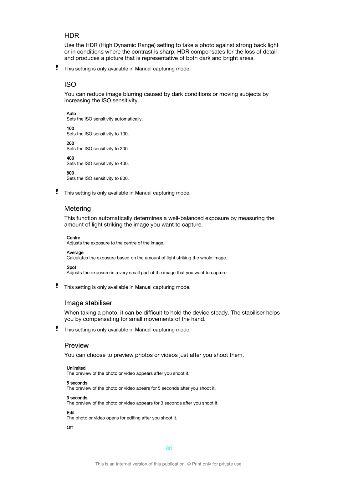 Sony C6603/C6602 manual Metering, Image stabiliser, Preview 