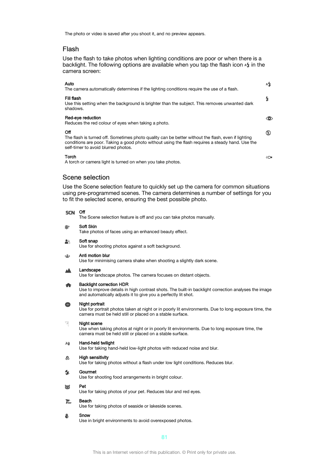 Sony C6603/C6602 manual Flash, Scene selection 