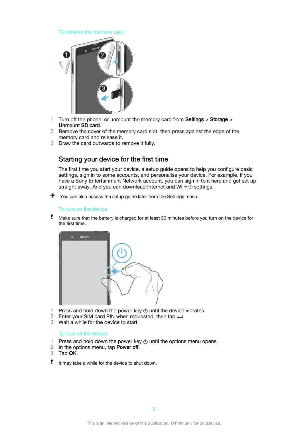 Sony C6603/C6602 manual Starting your device for the first time, To remove the memory card, Unmount SD card 