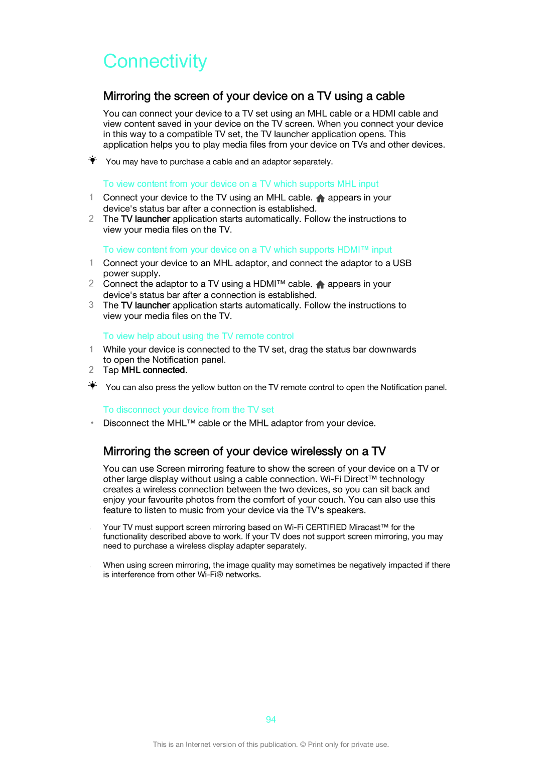 Sony C6603/C6602 manual Connectivity, Mirroring the screen of your device on a TV using a cable, Tap MHL connected 