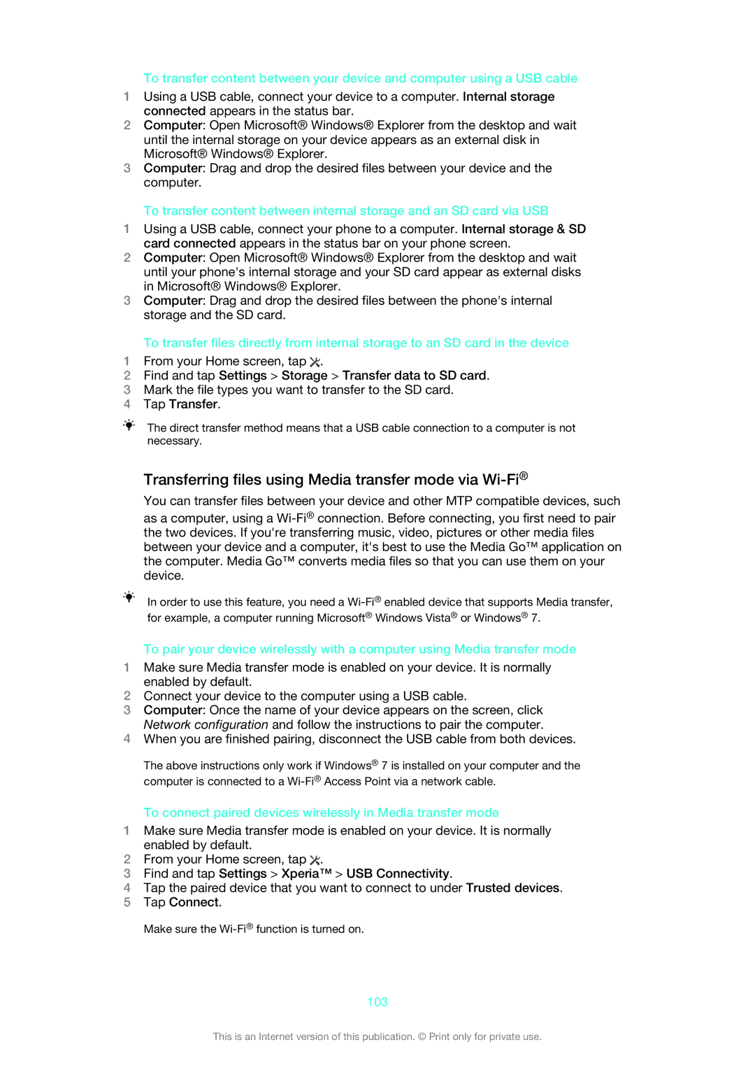 Sony C6606BK manual Transferring files using Media transfer mode via Wi-Fi, 103 