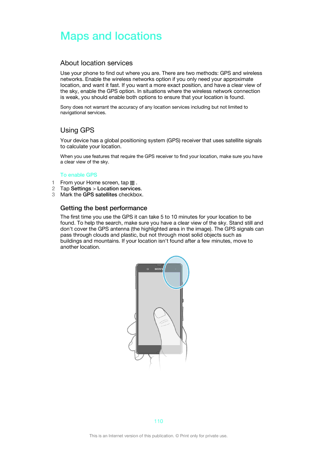 Sony C6606BK manual Maps and locations, About location services, Using GPS, Getting the best performance 