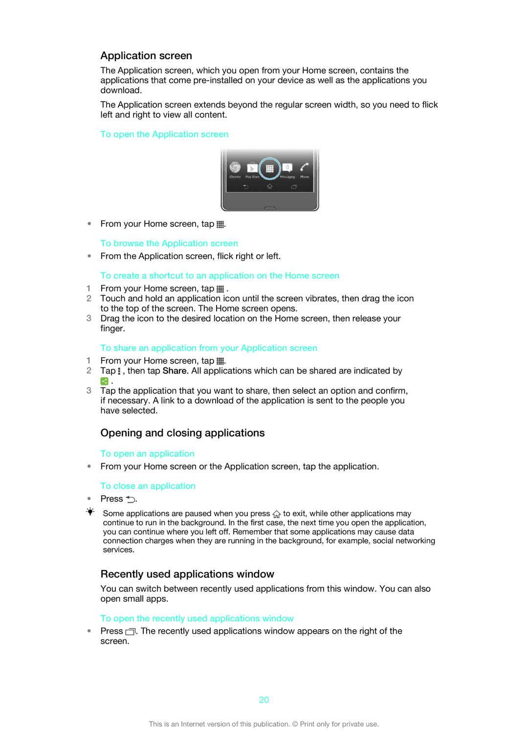 Sony C6606BK manual Application screen, Opening and closing applications, Recently used applications window 