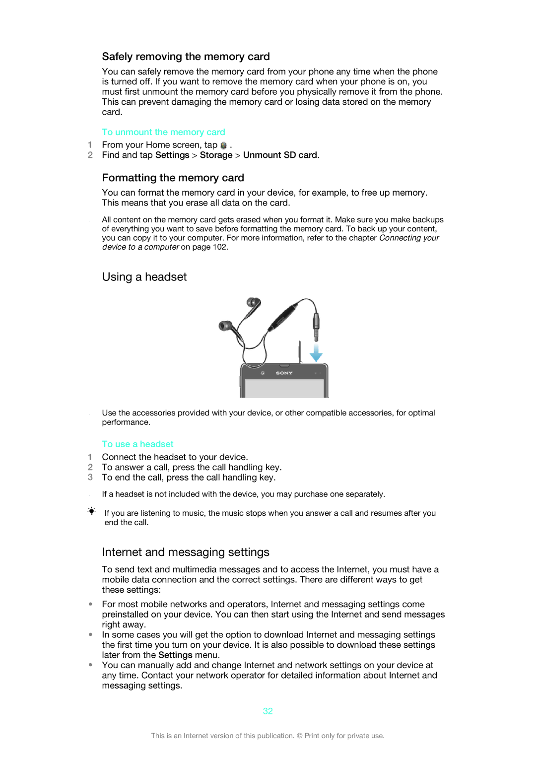 Sony C6606BK Using a headset, Internet and messaging settings, Safely removing the memory card, Formatting the memory card 