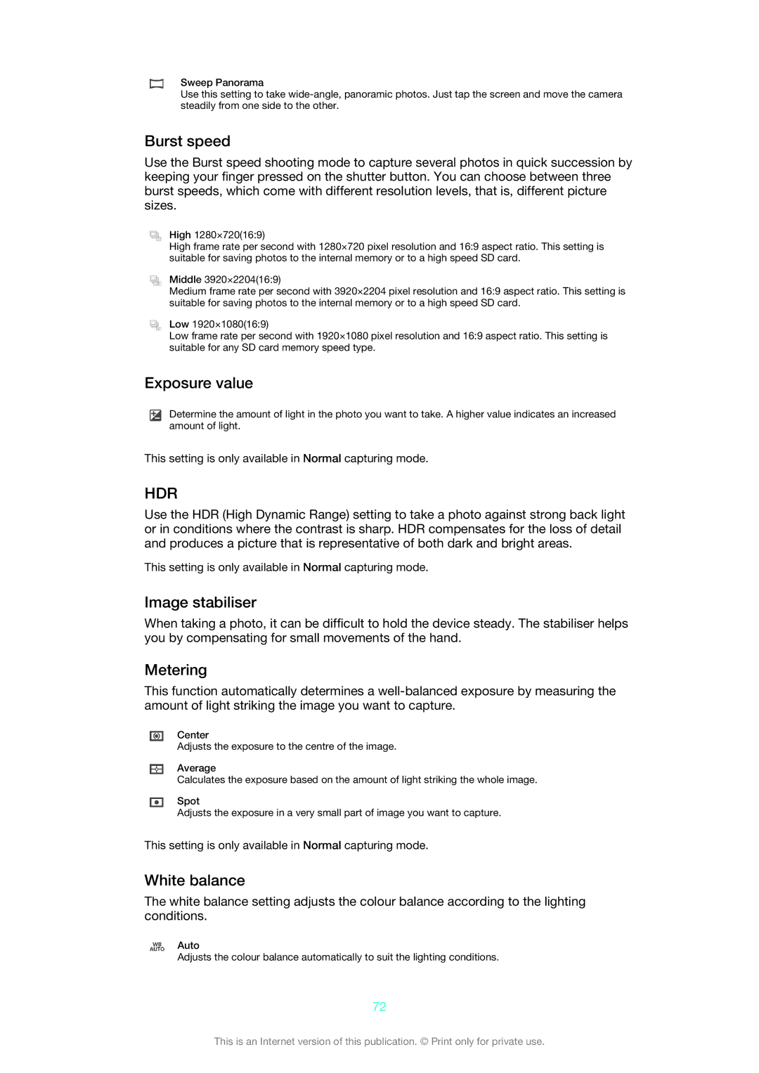 Sony C6606BK manual Burst speed, Exposure value, Image stabiliser, Metering, White balance 