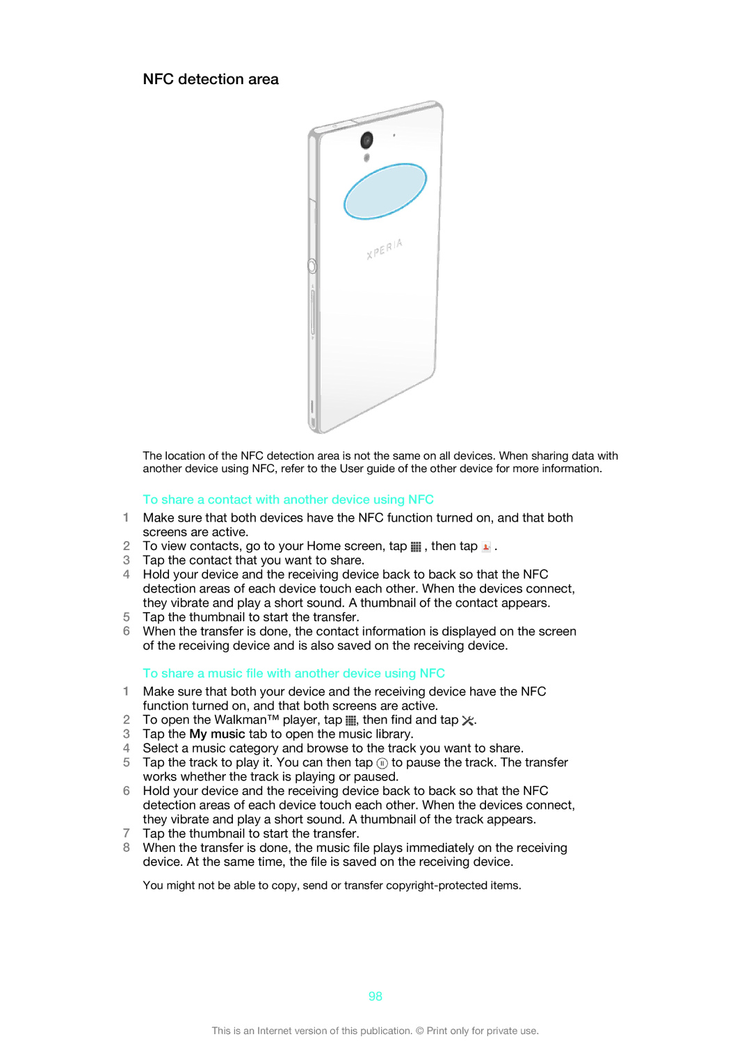 Sony C6606BK manual NFC detection area, To share a contact with another device using NFC 