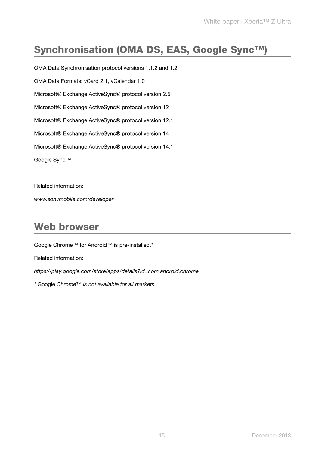 Sony C6833 manual Synchronisation OMA DS, EAS, Google Sync, Web browser 