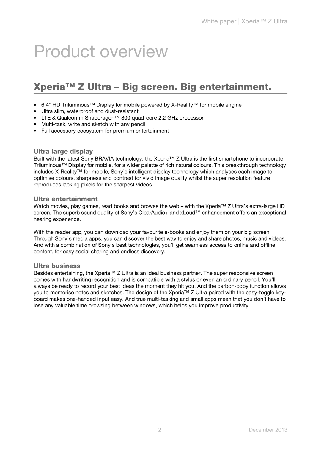 Sony C6833 manual Product overview, Xperia Z Ultra Big screen. Big entertainment 