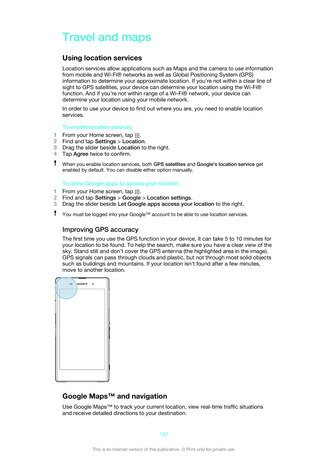 Sony C6902, C6903, C6906 manual Travel and maps, Using location services, Google Maps and navigation, Improving GPS accuracy 