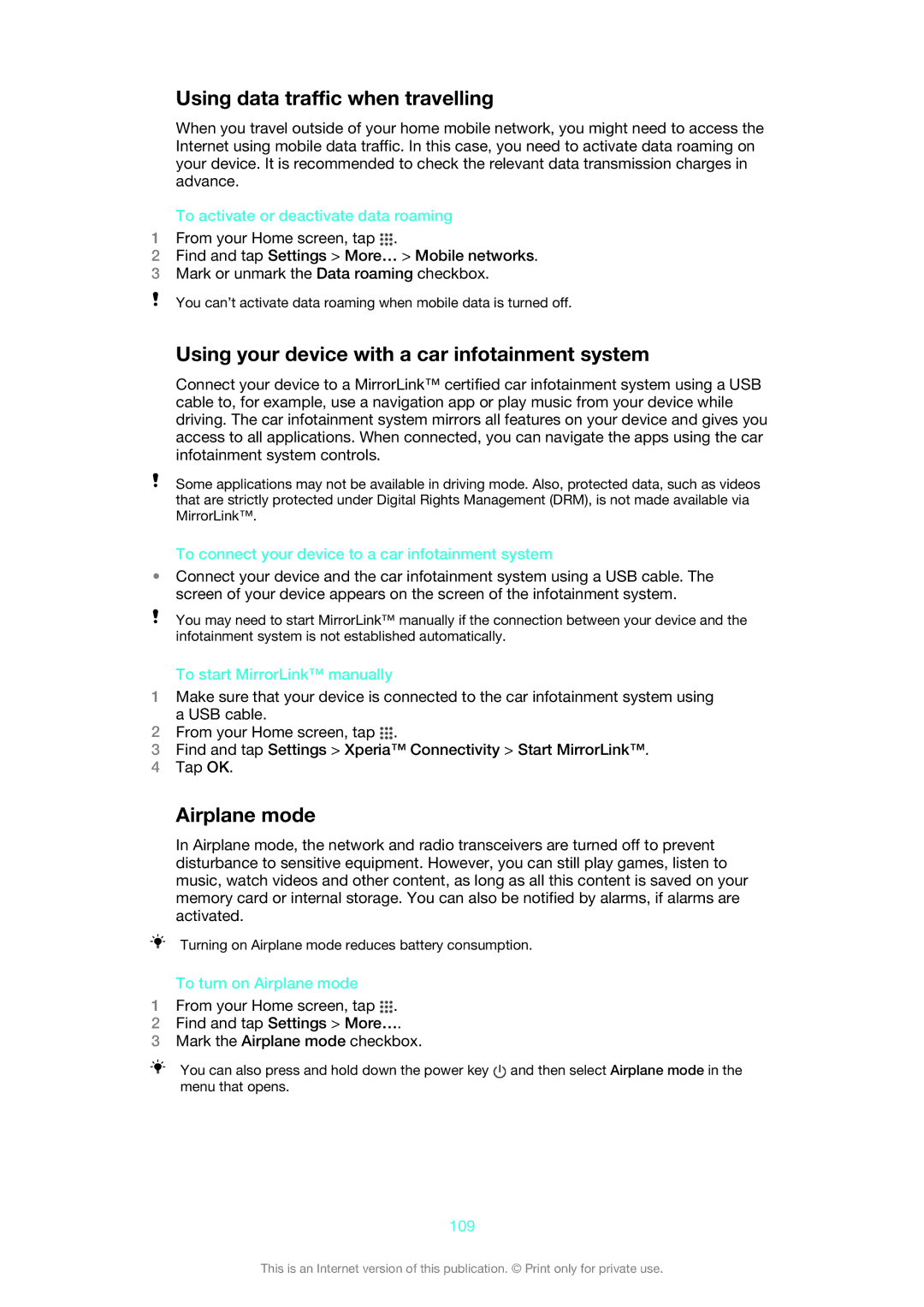 Sony C6906, C6903 manual Using data traffic when travelling, Using your device with a car infotainment system, Airplane mode 