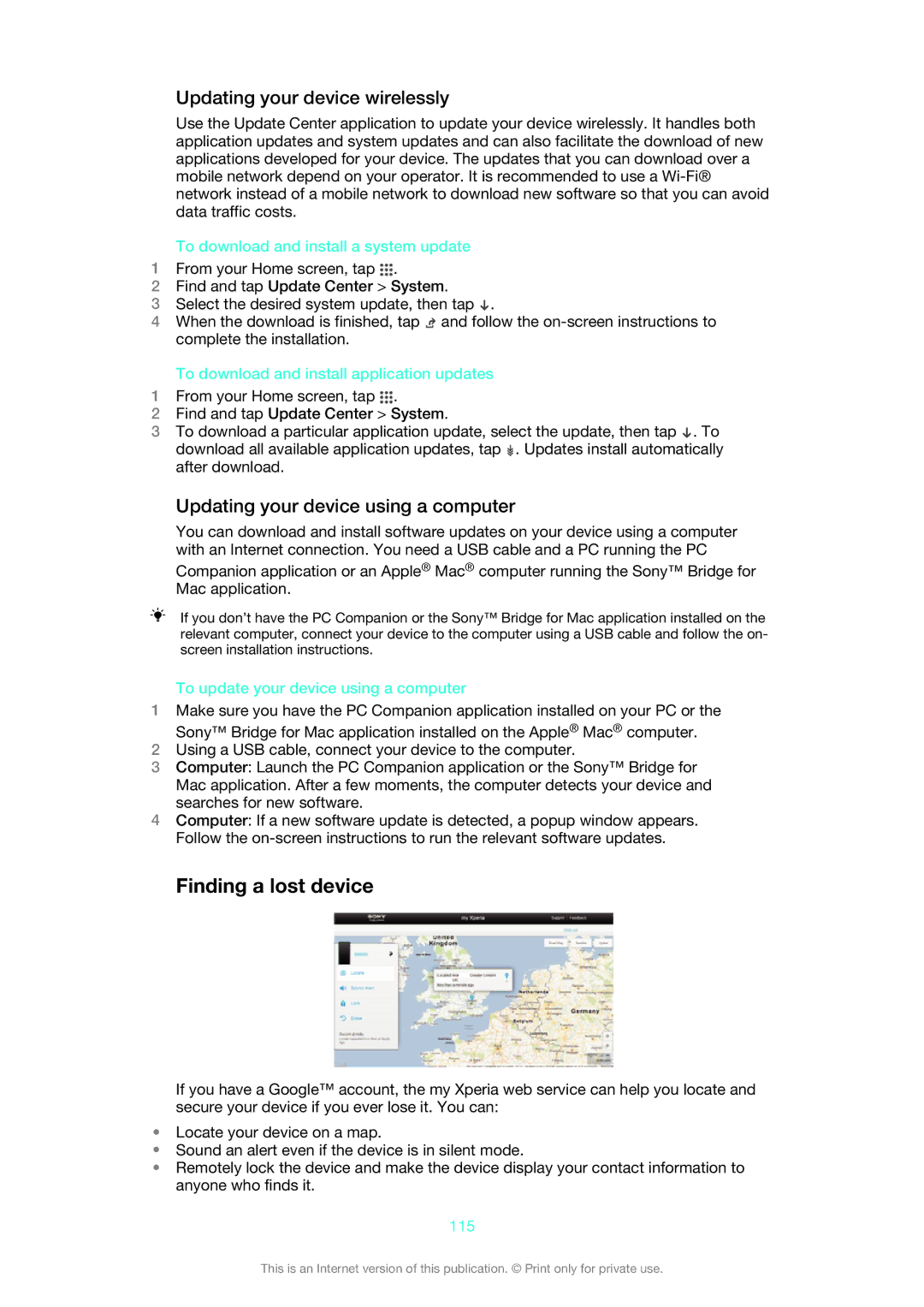 Sony C6906, C6903, C6902 manual Finding a lost device, Updating your device wirelessly, Updating your device using a computer 