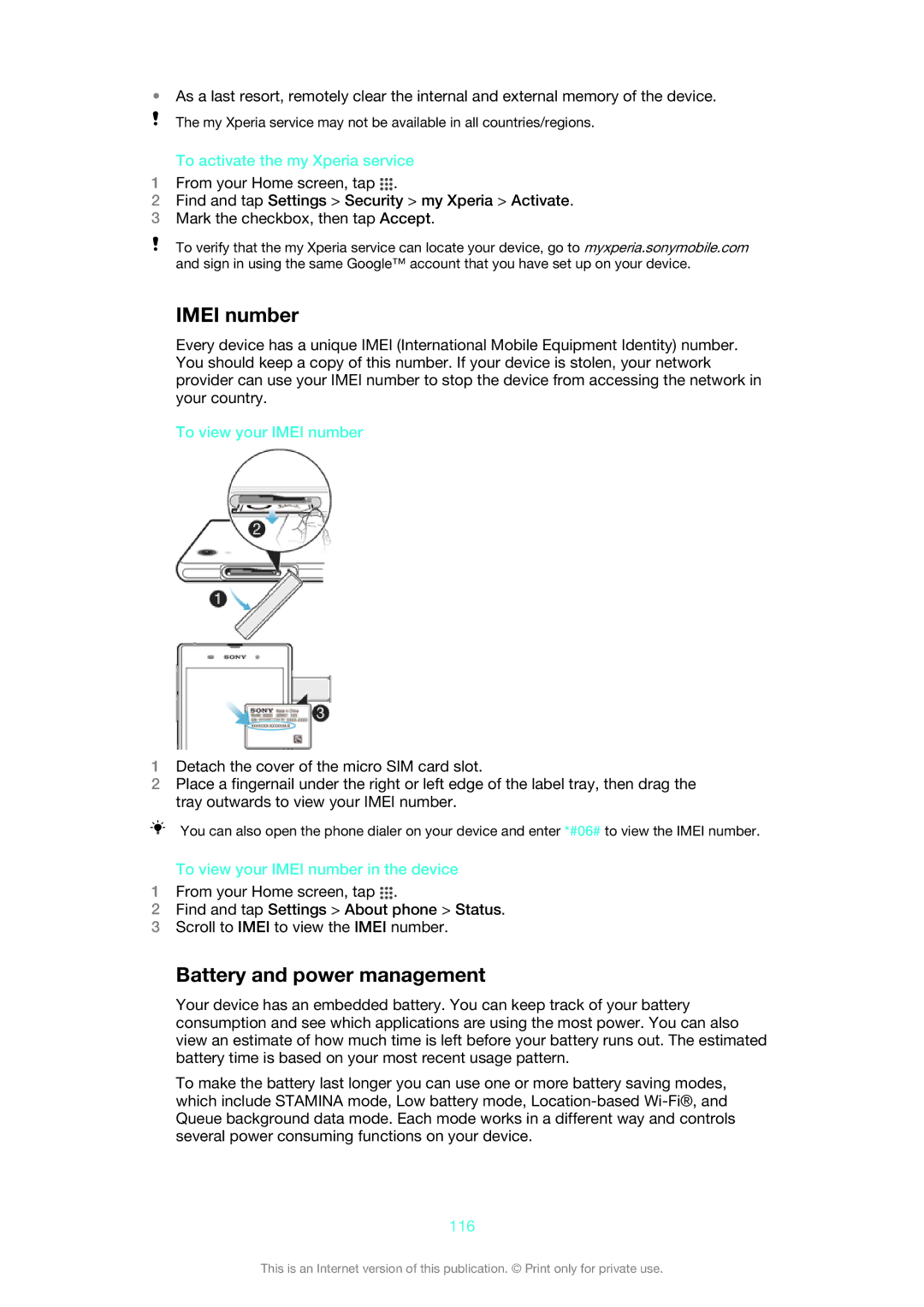 Sony C6902, C6903, C6906 manual Imei number, Battery and power management 
