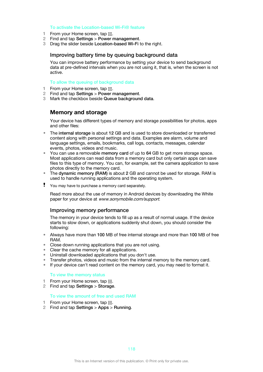 Sony C6906, C6903 manual Memory and storage, Improving battery time by queuing background data, Improving memory performance 