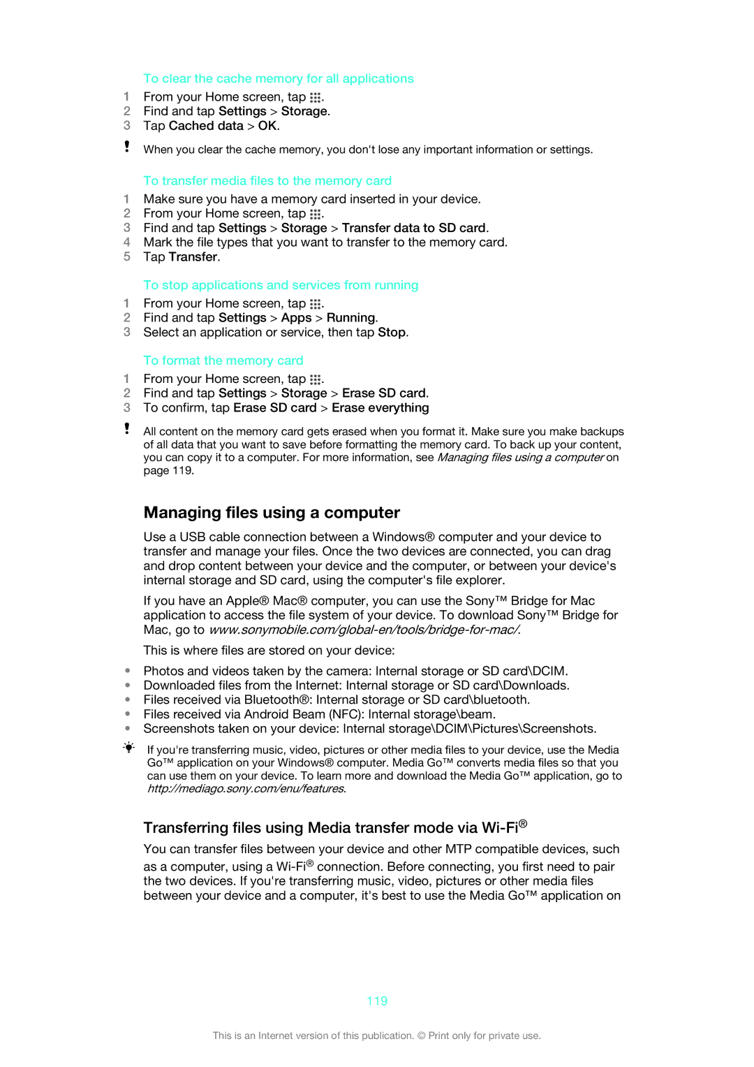 Sony C6902, C6903, C6906 manual Managing files using a computer, Transferring files using Media transfer mode via Wi-Fi 