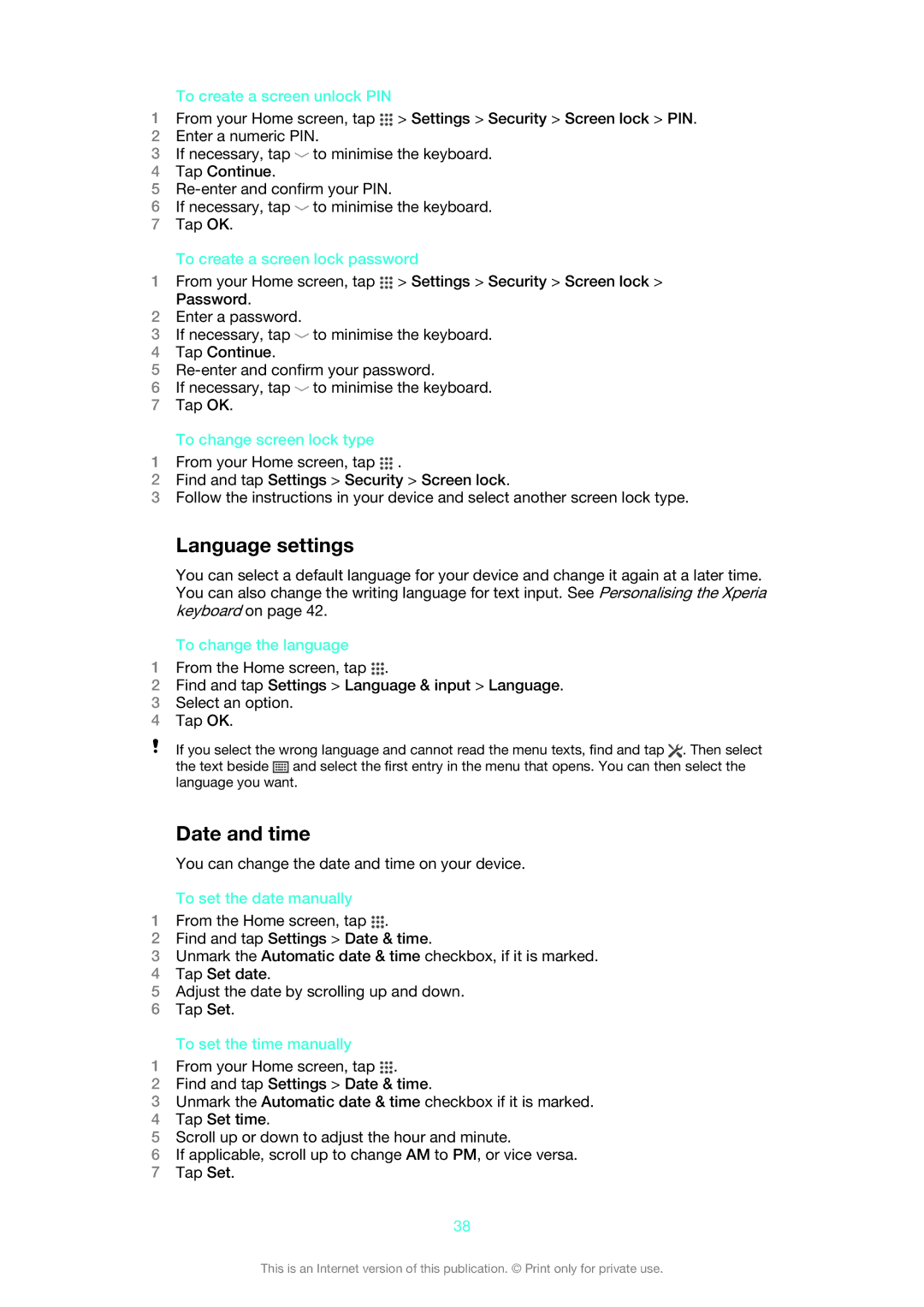 Sony C6902, C6903, C6906 manual Language settings, Date and time 