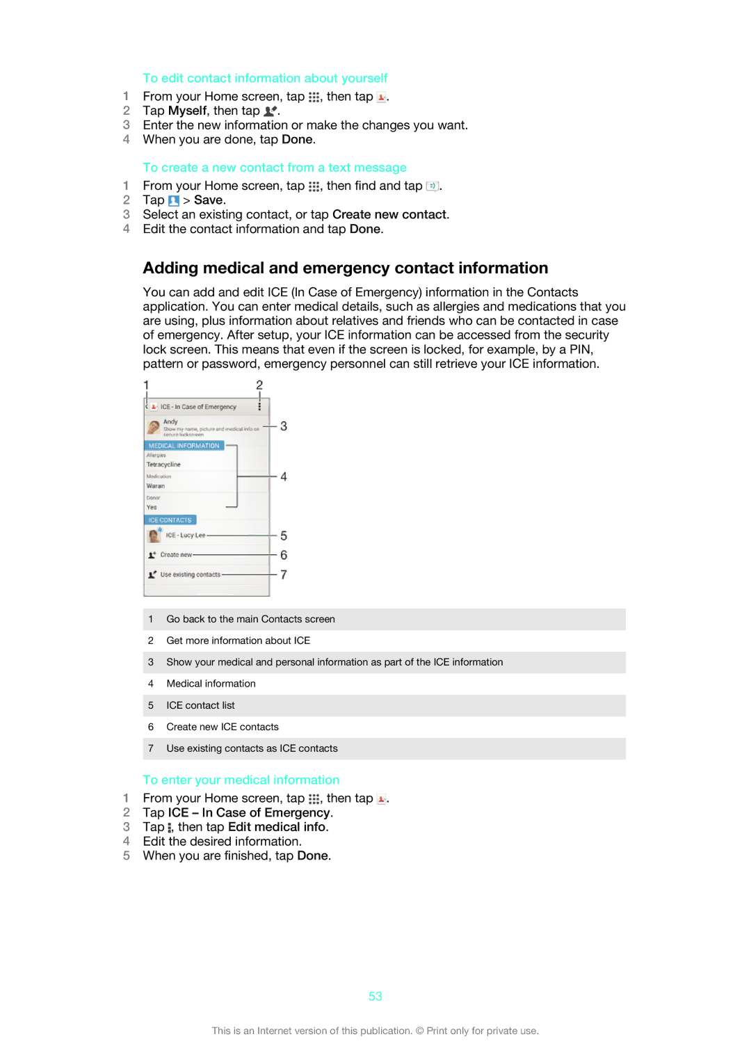 Sony C6902, C6903, C6906 manual Adding medical and emergency contact information, To edit contact information about yourself 