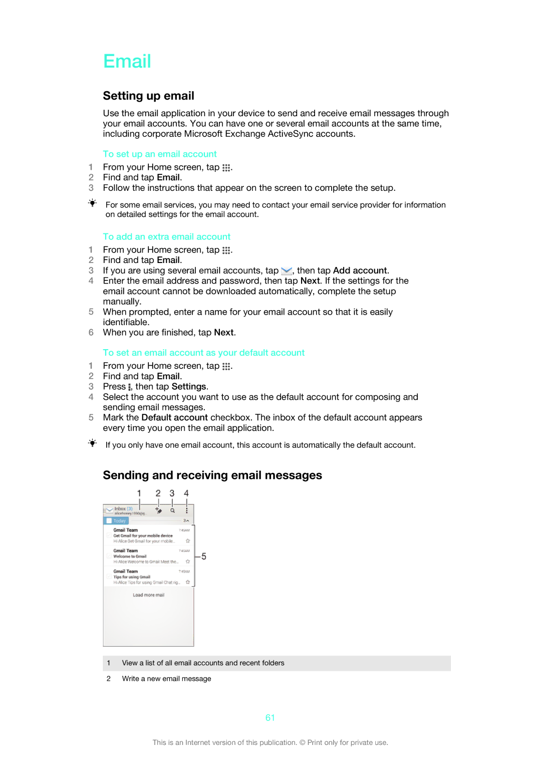 Sony C6906, C6903, C6902 manual Setting up email, Sending and receiving email messages, To set up an email account 