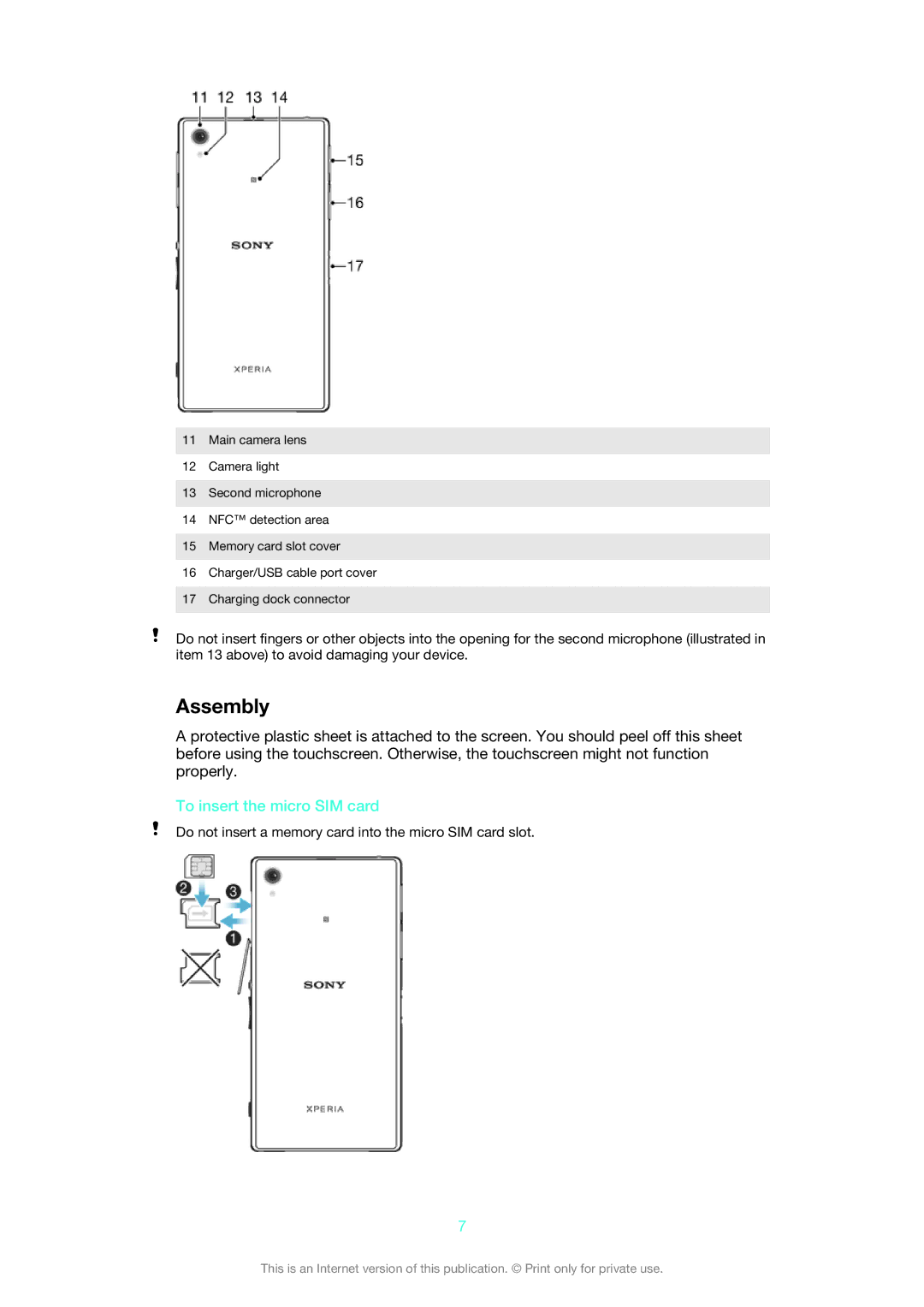 Sony C6906, C6903, C6902 manual Assembly, To insert the micro SIM card 