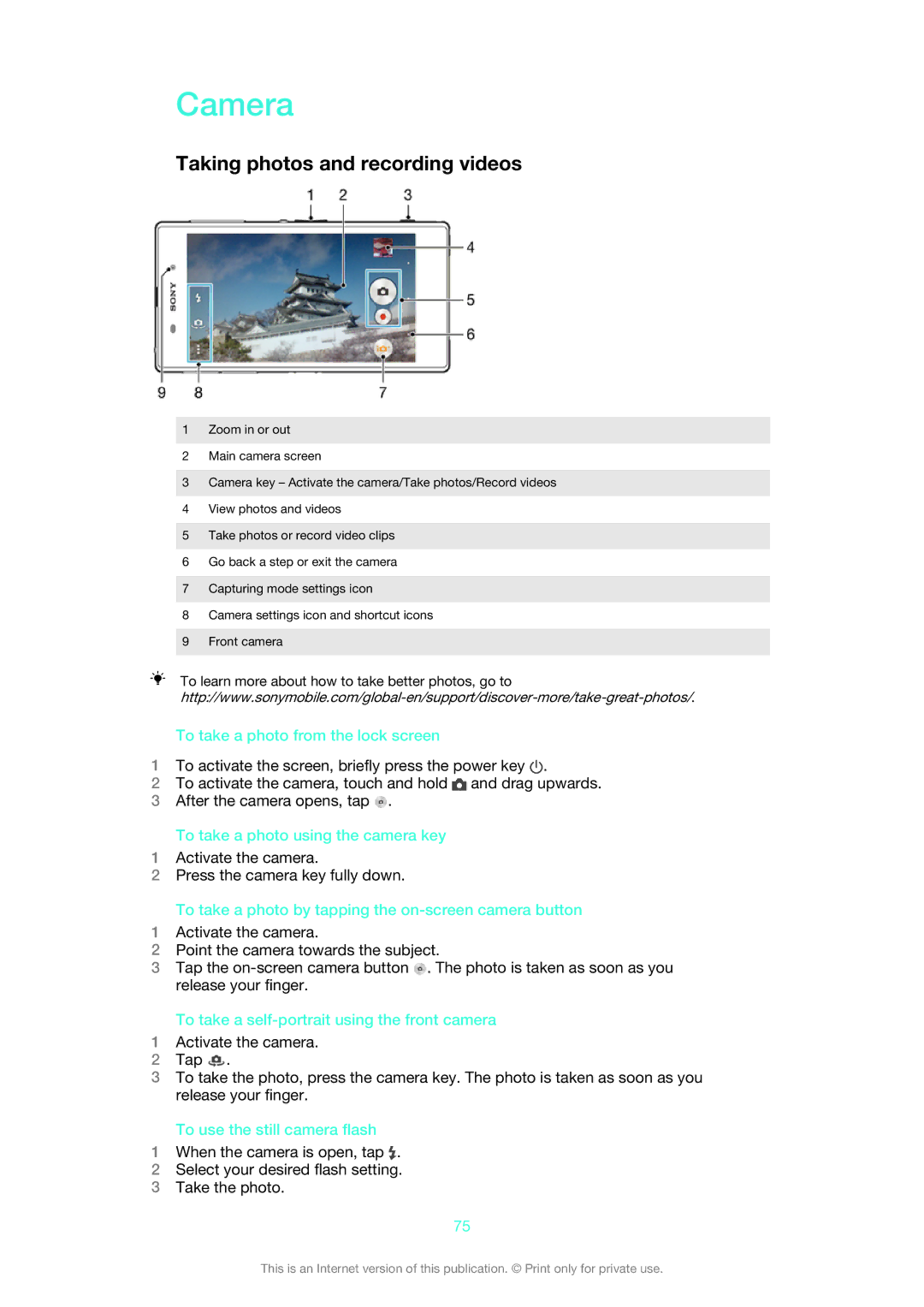 Sony C6903, C6906, C6902 manual Camera, Taking photos and recording videos 