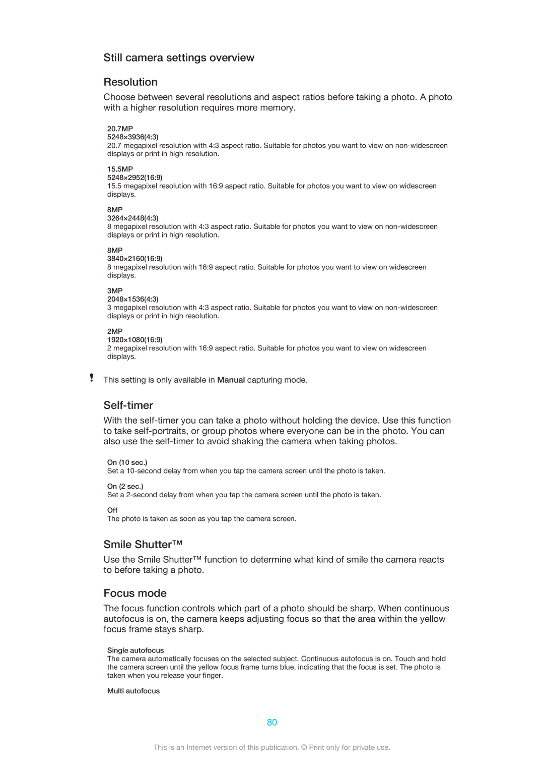 Sony C6902, C6903, C6906 manual Still camera settings overview Resolution, Self-timer, Smile Shutter, Focus mode 