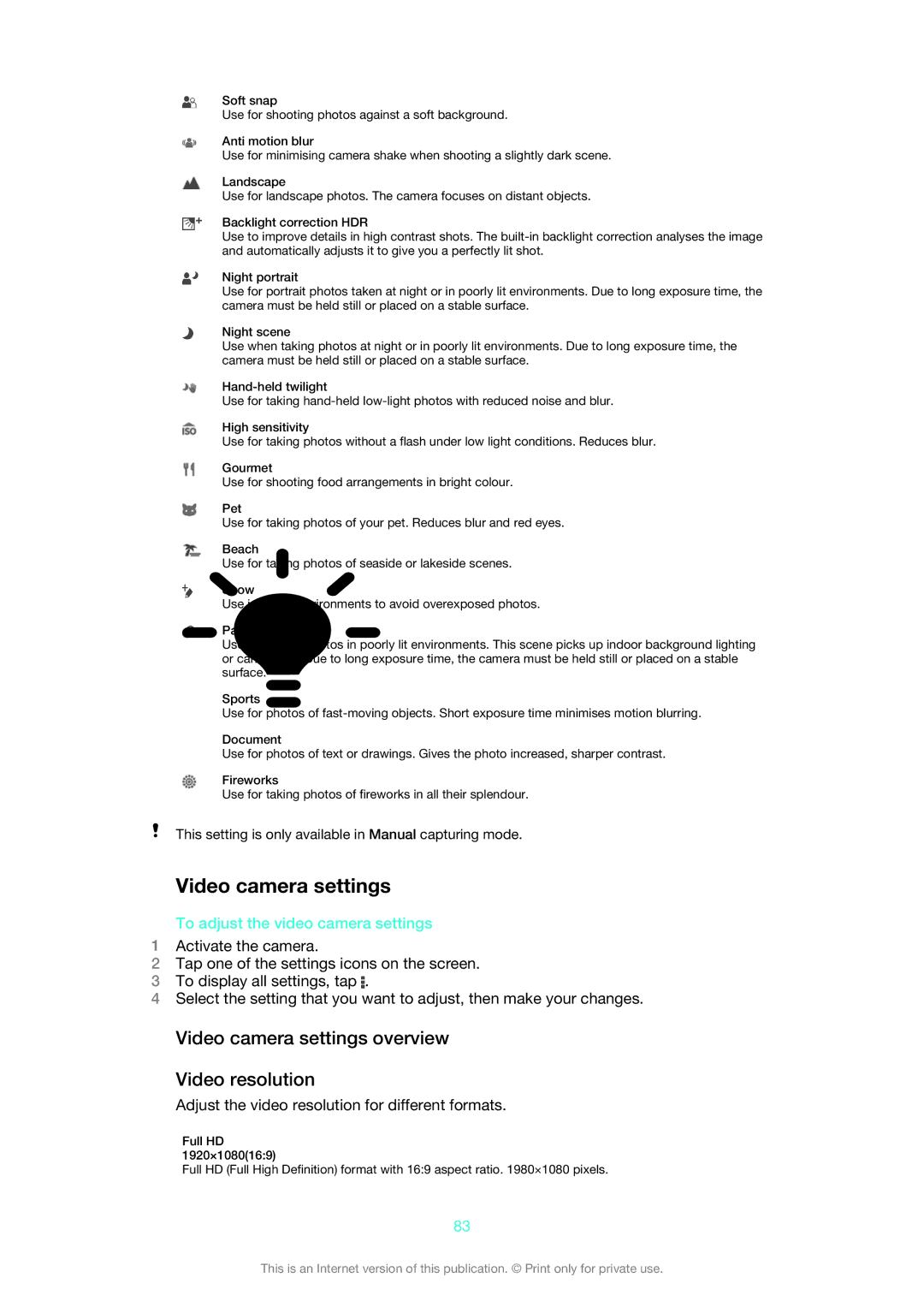 Sony C6902, C6903, C6906 manual Video camera settings overview Video resolution, To adjust the video camera settings 