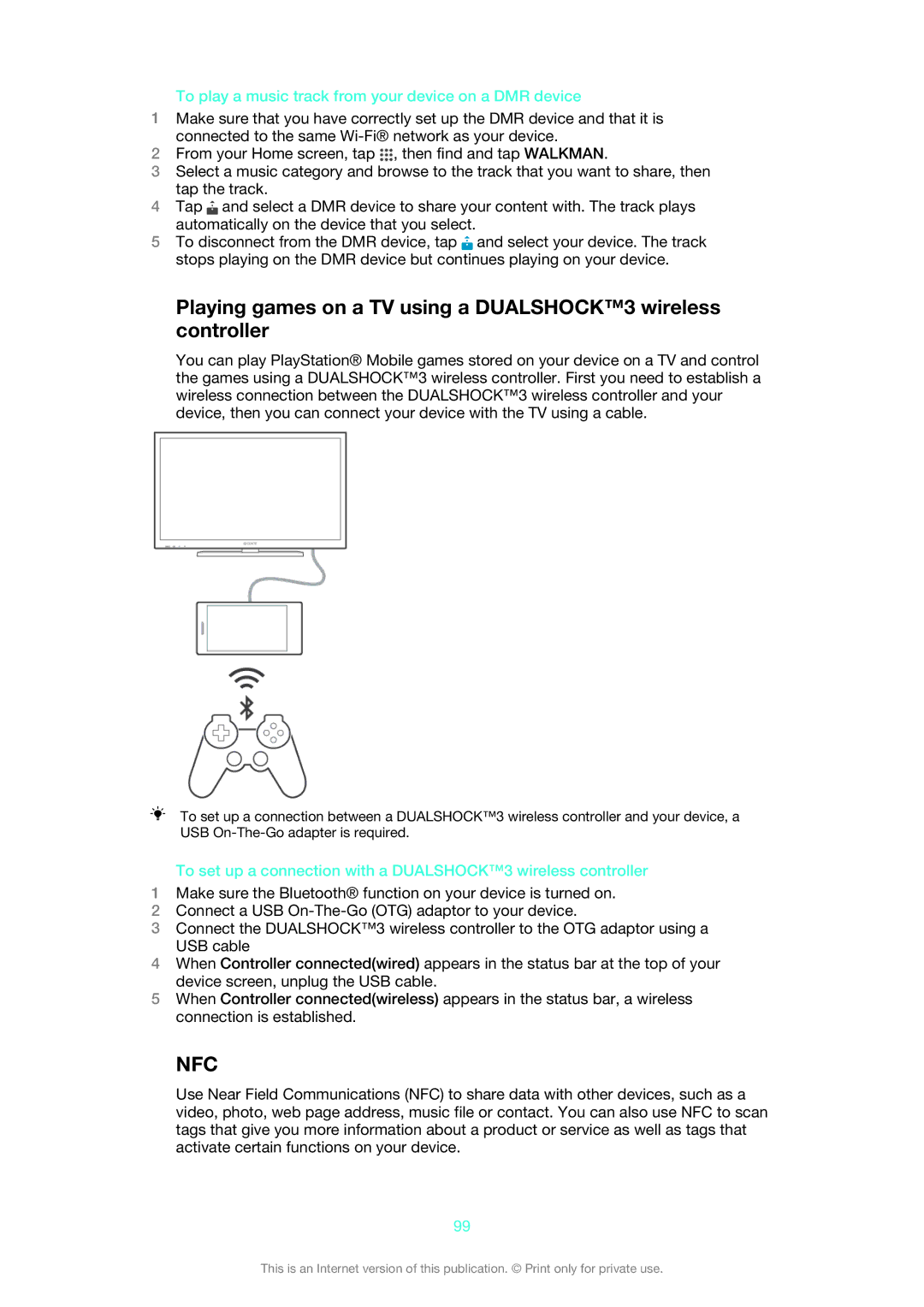 Sony C6903, C6906, C6902 manual Playing games on a TV using a DUALSHOCK3 wireless controller 