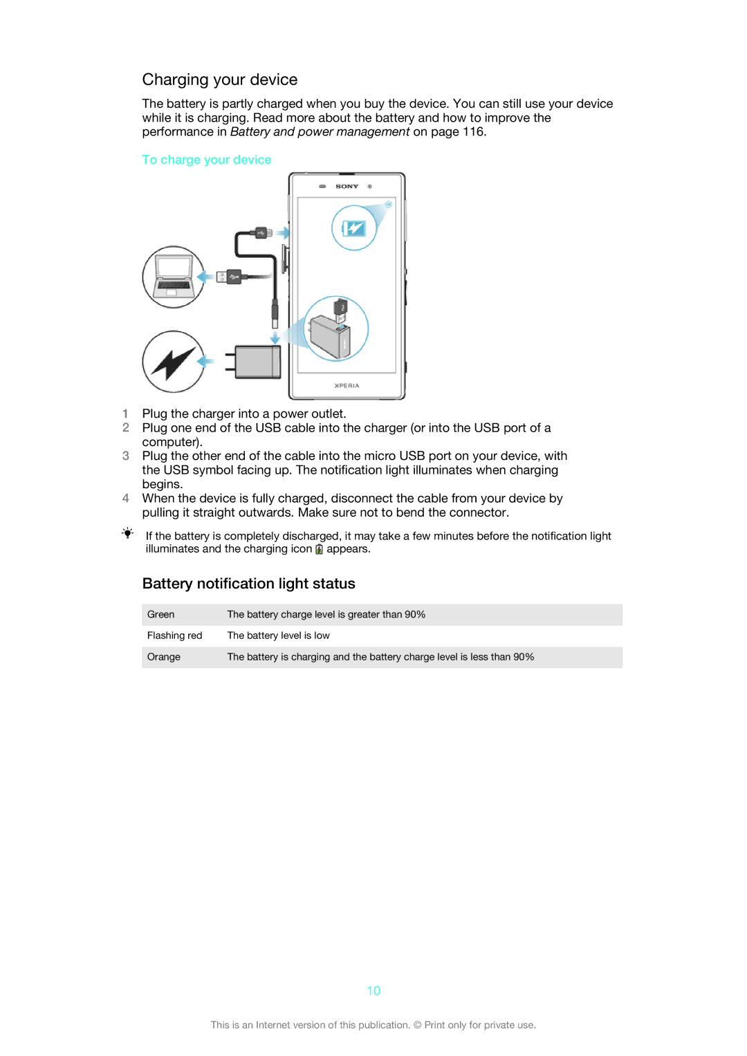 Sony C6906, C6903, C6902 manual Charging your device, Battery notification light status, To charge your device 