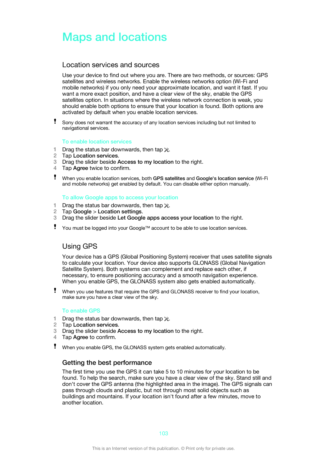 Sony C6906, C6903, C6902 manual Maps and locations, Location services and sources, Using GPS, Getting the best performance 