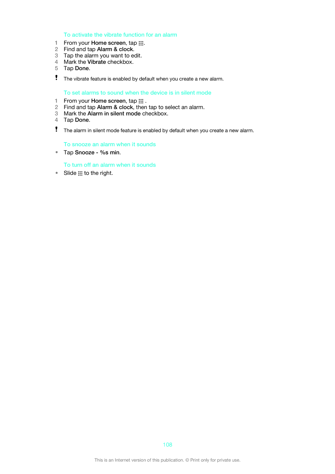 Sony C6903 To activate the vibrate function for an alarm, To set alarms to sound when the device is in silent mode, 108 