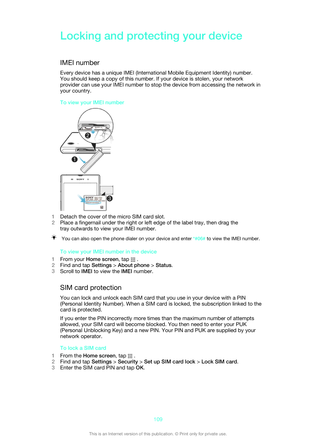 Sony C6906, C6903, C6902 manual Locking and protecting your device, Imei number, SIM card protection 