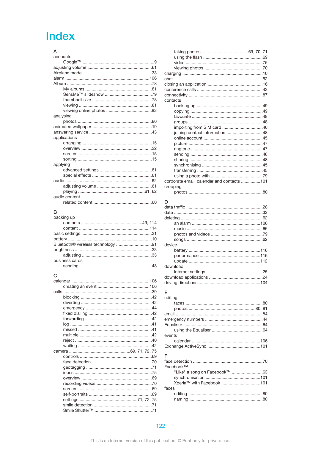 Sony C6902, C6903, C6906 manual Index, 122 