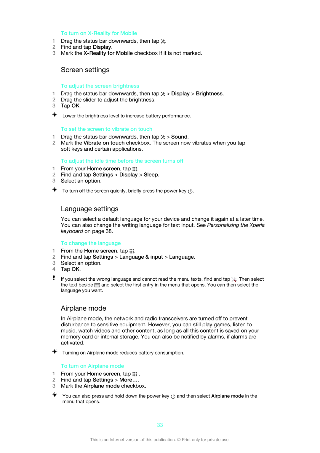 Sony C6903, C6906, C6902 manual Screen settings, Language settings, Airplane mode 