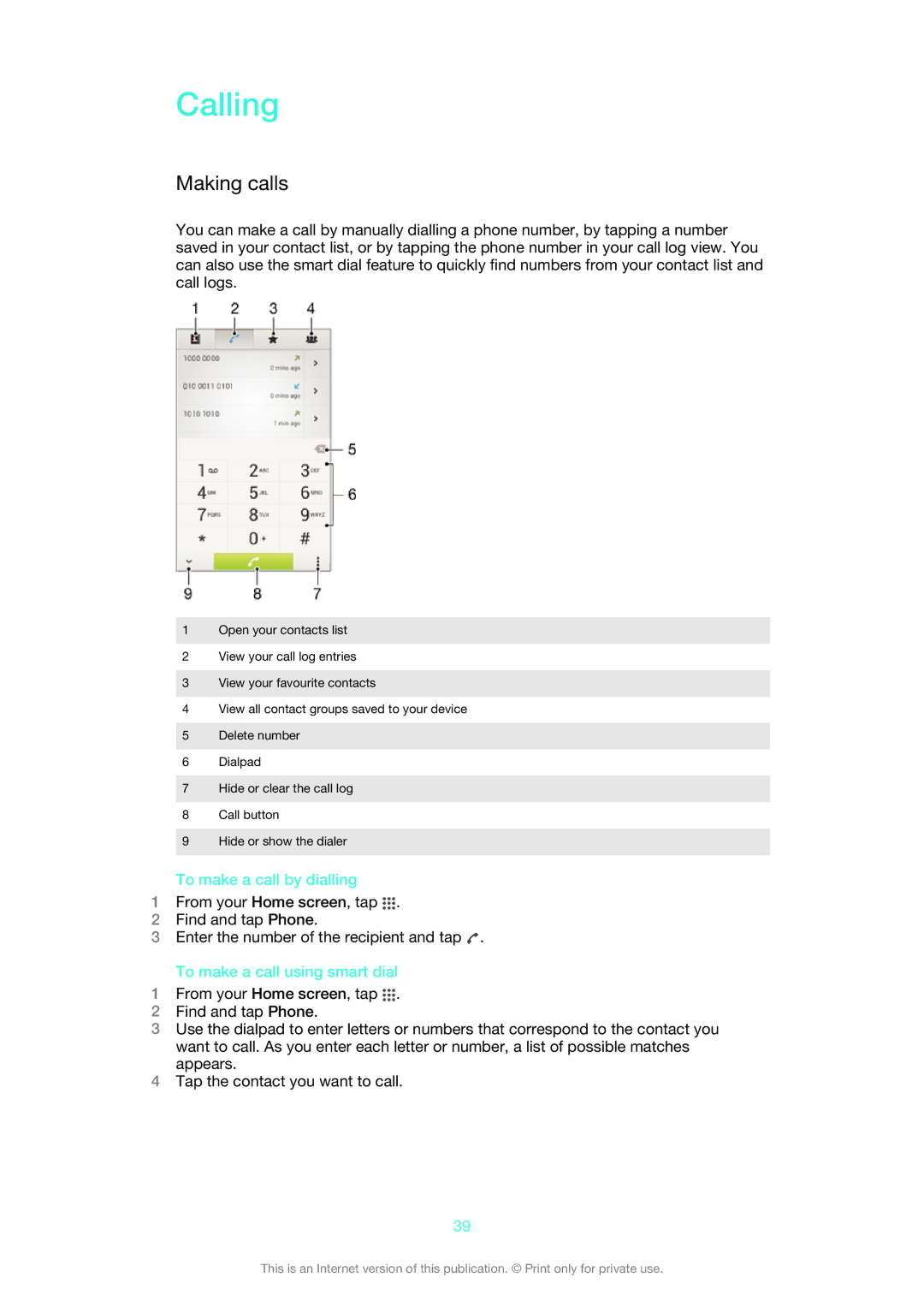 Sony C6903, C6906, C6902 manual Calling, Making calls, To make a call by dialling, To make a call using smart dial 