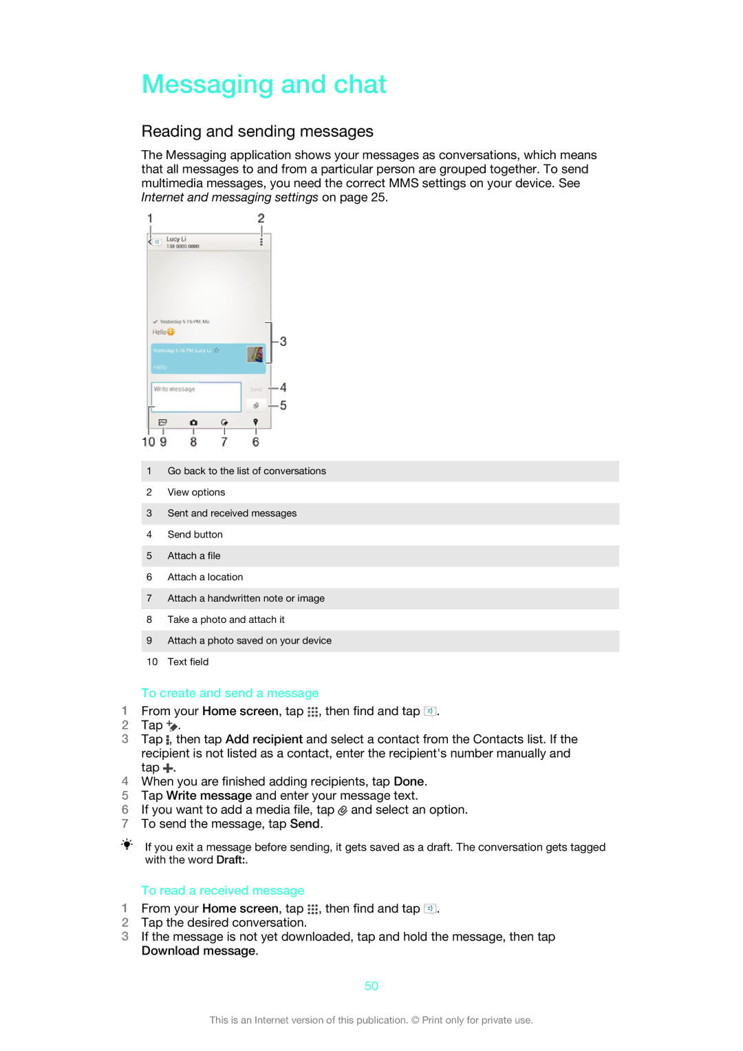 Sony C6902 Messaging and chat, Reading and sending messages, To create and send a message, To read a received message 