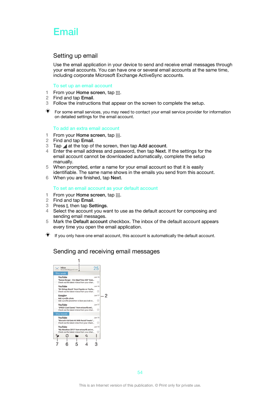 Sony C6903, C6906, C6902 manual Setting up email, Sending and receiving email messages, To set up an email account 