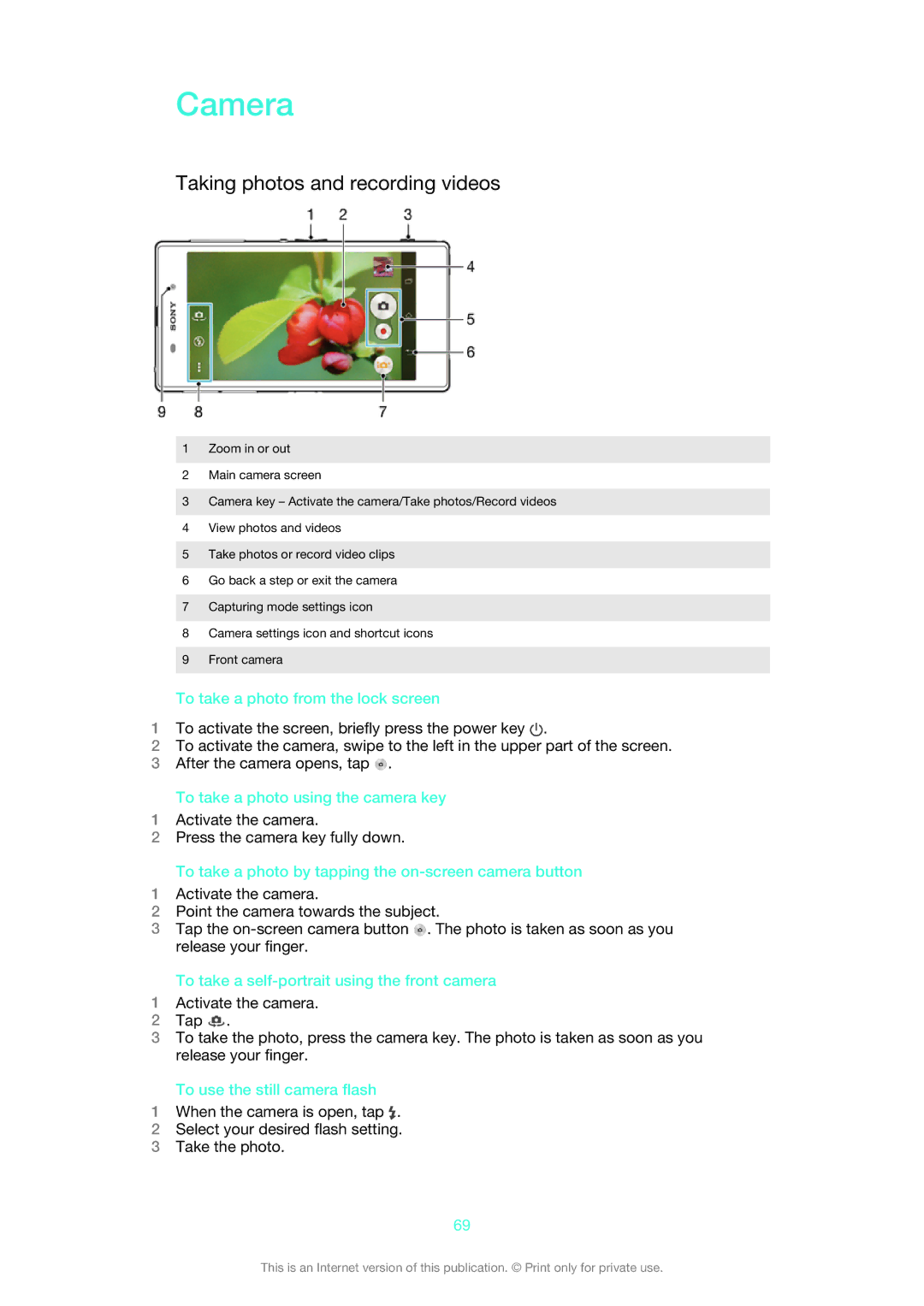 Sony C6903, C6906, C6902 manual Camera, Taking photos and recording videos 