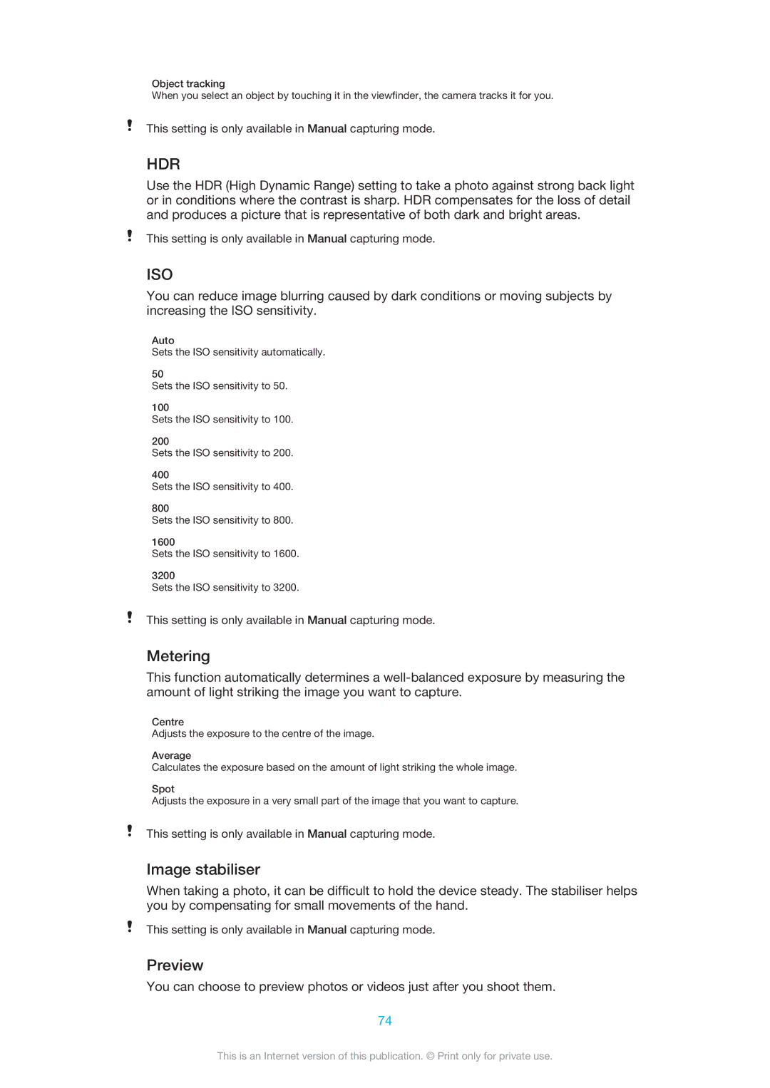 Sony C6902, C6903, C6906 manual Metering, Image stabiliser, Preview 