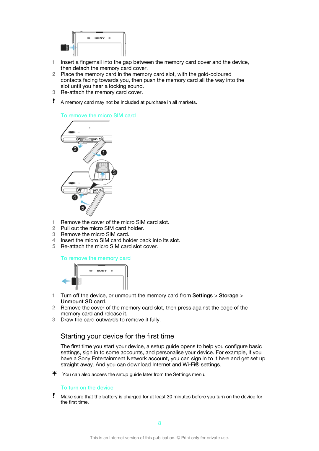 Sony C6902, C6903, C6906 manual Starting your device for the first time, To remove the micro SIM card, To turn on the device 