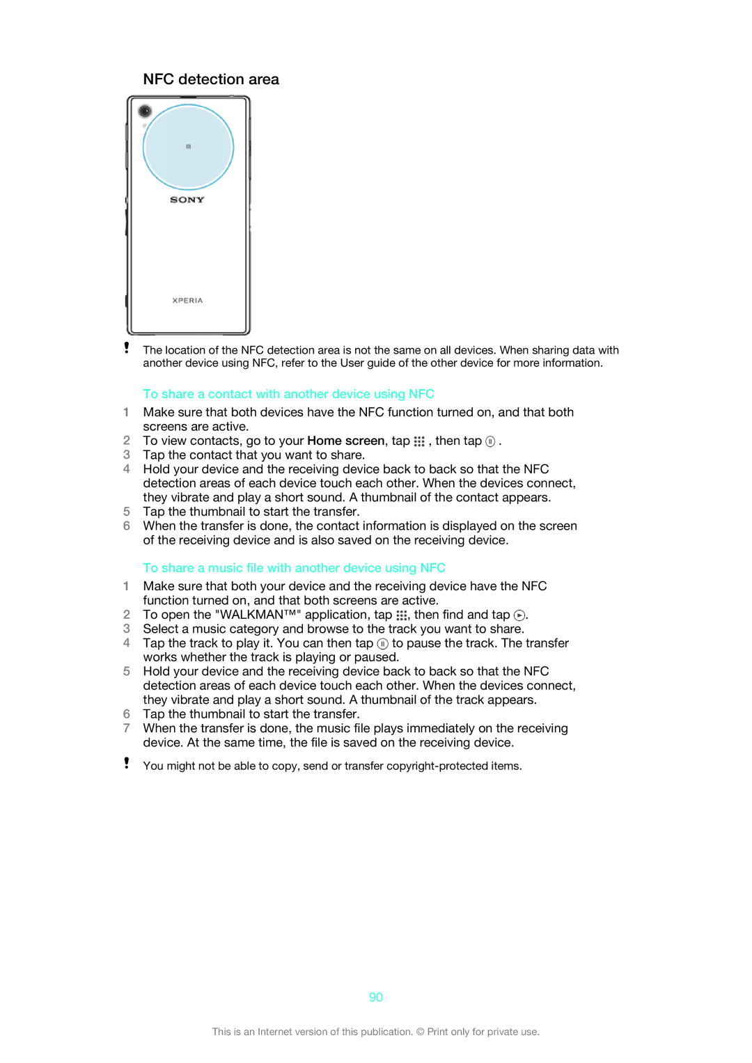 Sony C6903, C6906, C6902 manual NFC detection area, To share a contact with another device using NFC 