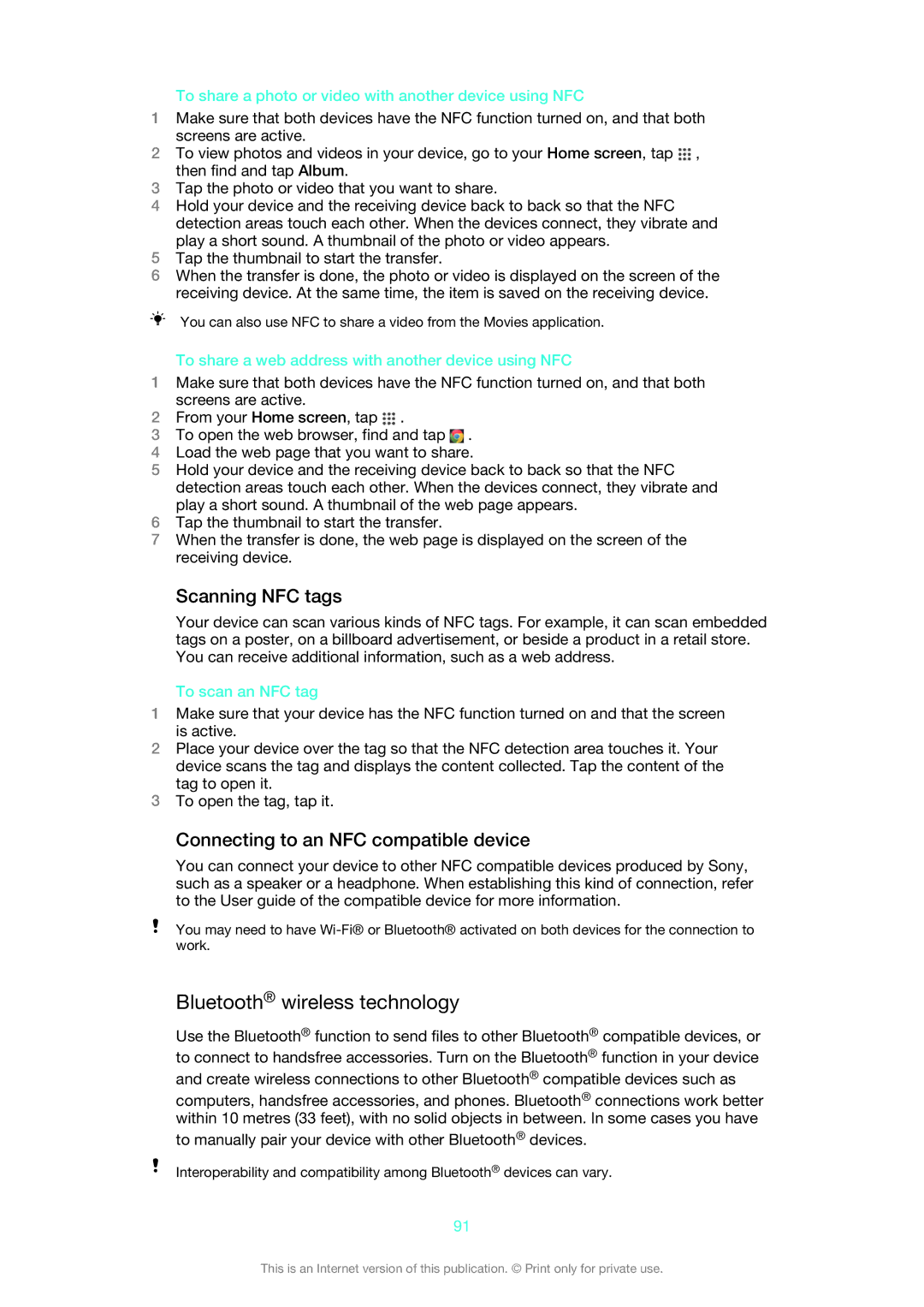 Sony C6906, C6903, C6902 manual Bluetooth wireless technology, Scanning NFC tags, Connecting to an NFC compatible device 