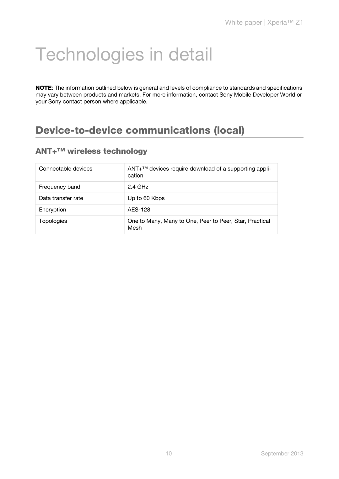 Sony C6903 manual Device-to-device communications local, ANT+ wireless technology 