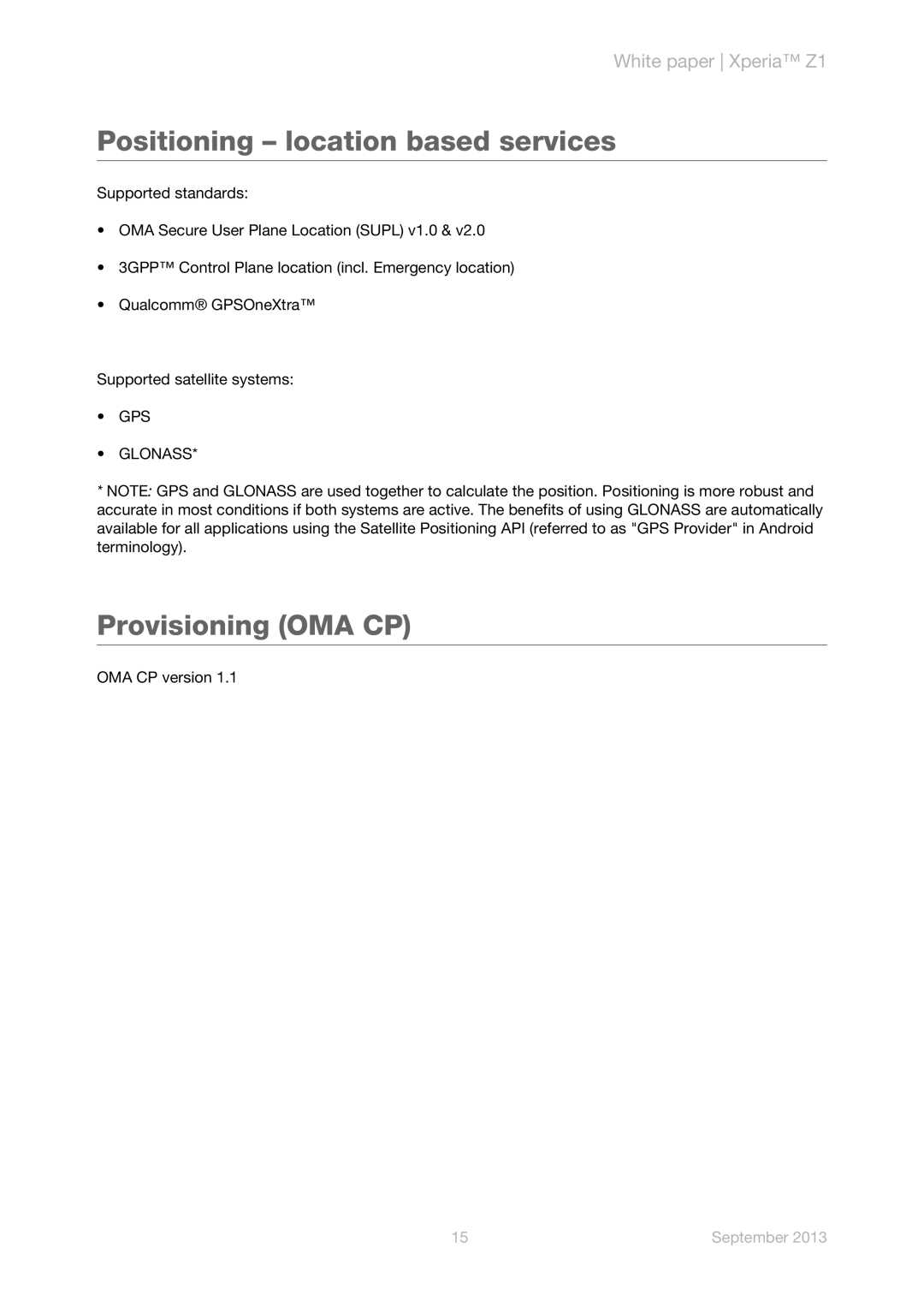 Sony C6903 manual Positioning location based services, Provisioning OMA CP, GPS Glonass 