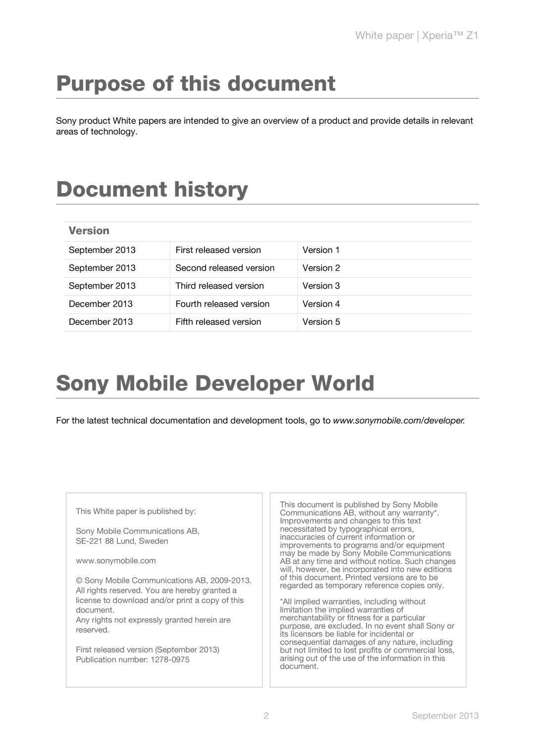 Sony C6903 manual Purpose of this document, Version 