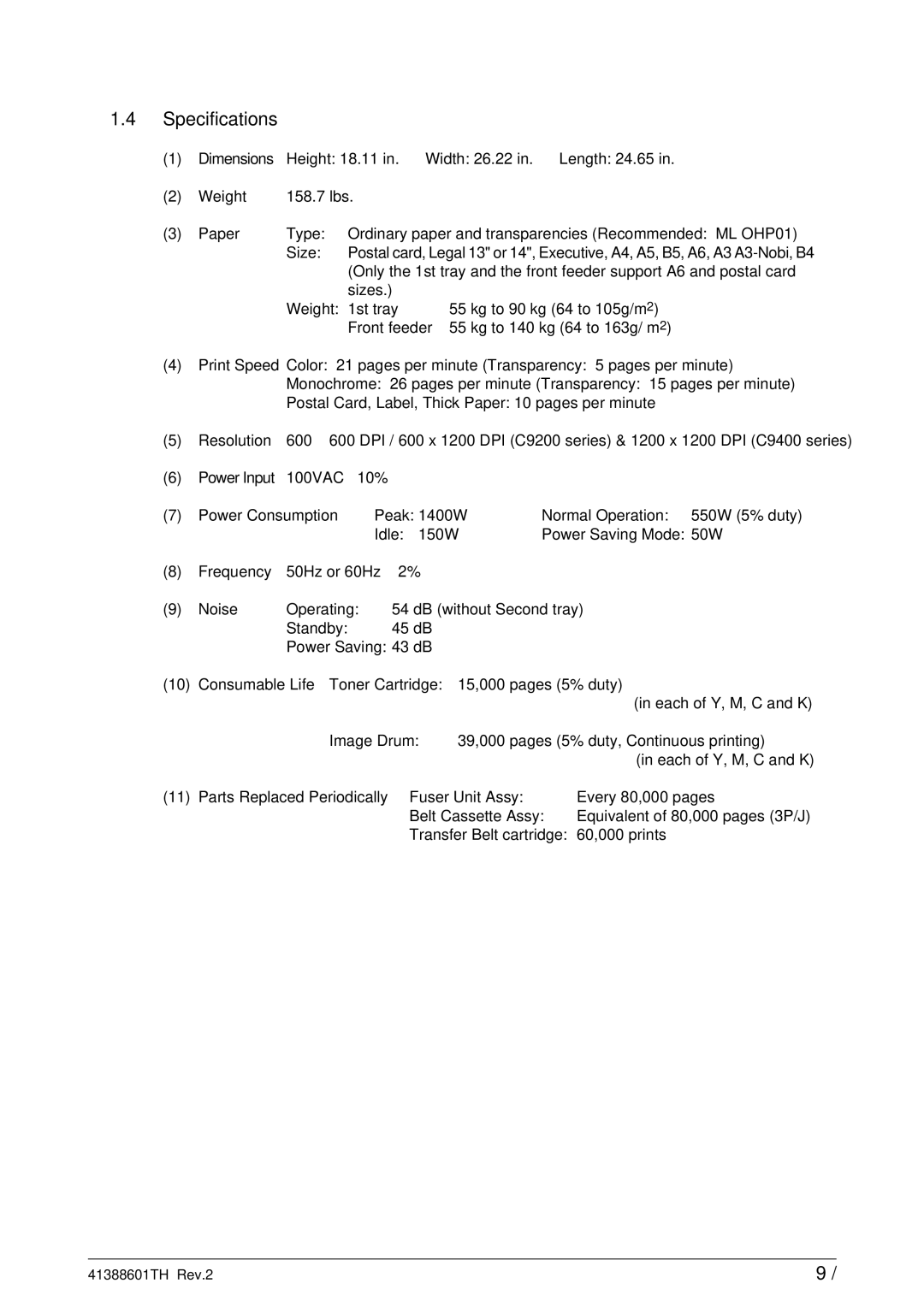 Sony C9000 service manual Specifications 