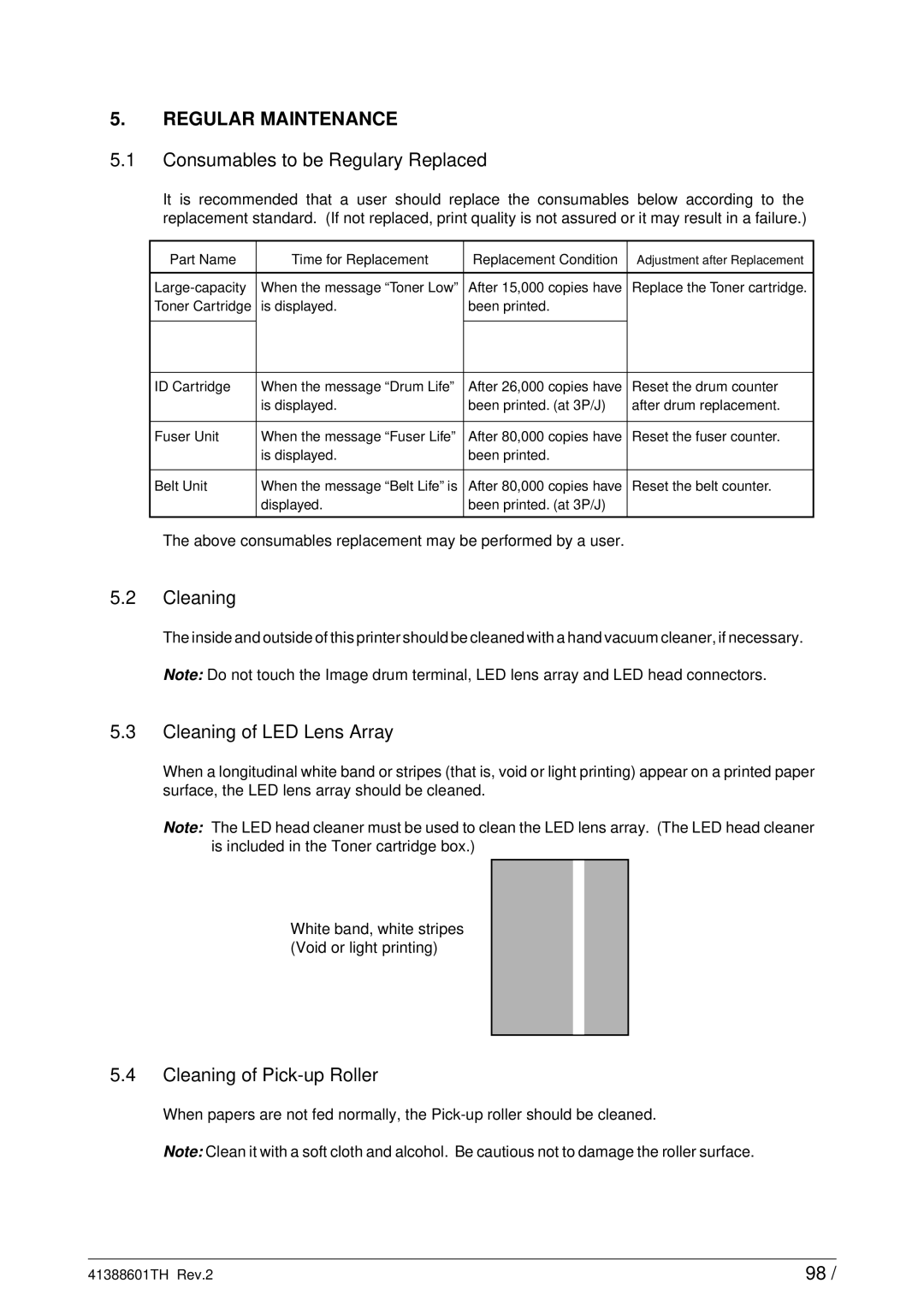 Sony C9000 service manual Consumables to be Regulary Replaced, Cleaning of LED Lens Array, Cleaning of Pick-up Roller 