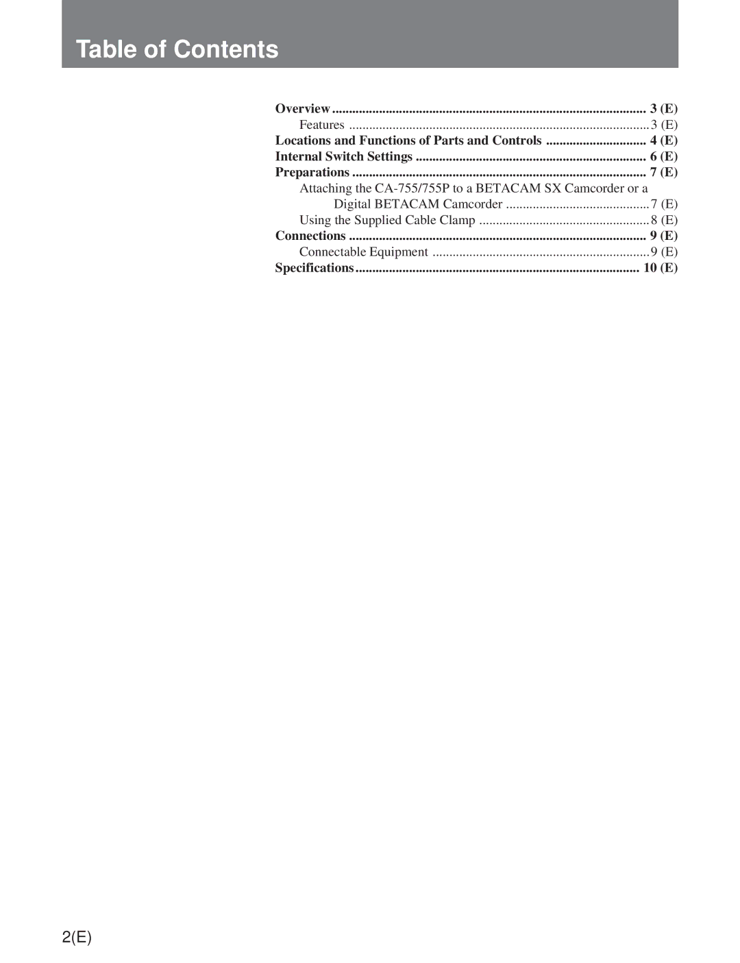 Sony CA-755/755P operation manual Table of Contents 