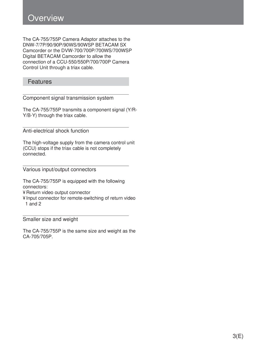 Sony CA-755/755P operation manual Overview, Features 